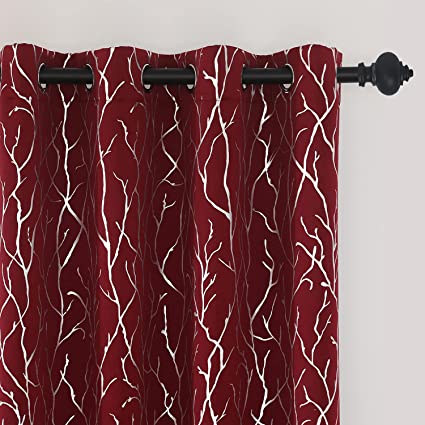 Photo 1 of BESPIN Tree Branch Foil Print Blackout Window Curtains Thermal Insulated for Bedroom/Living Room Grommet 2 Panels (Burgundy Red, 52Wx63L)