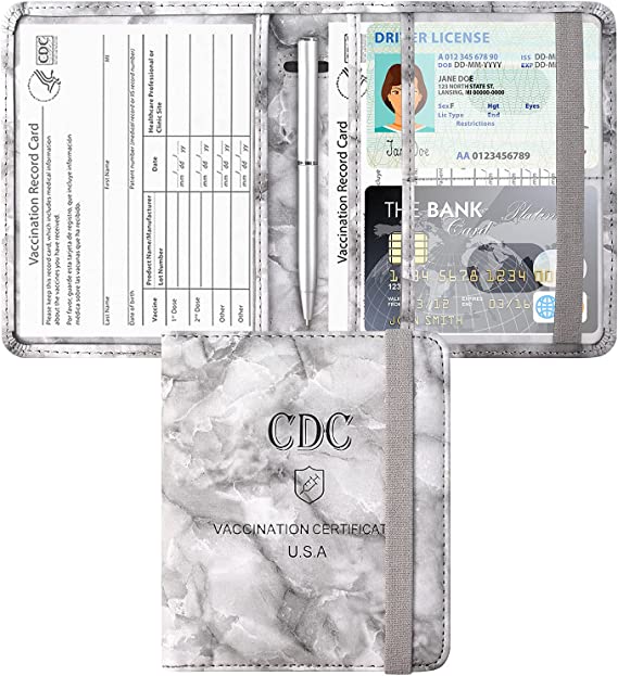 Photo 1 of  Vaccine Card Holder, PU Leather 4x3 CDC Vaccination Immunization Record Protector Wallet, Waterproof Vax Certificate Clear Sleeve Protective Case, with Credit Cards Slots - Marble Black