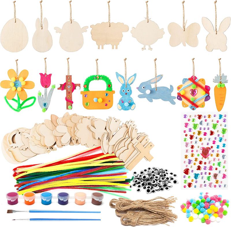 Photo 1 of  229Pcs Easter DIY Wooden Ornaments Arts Crafts Painting Kit Egg Bunny Hanging Decorations - Paints Brushes Diamond Stickers Wiggle Googly Eyes Pipe Cleaners Pompoms for Kids Classroom Activity