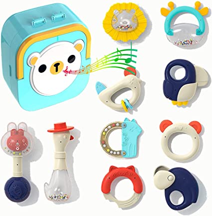 Photo 1 of 10pcs Baby Rattles 0-6 Months, Teething Toys for Babies 6-12 Months, Newborn Baby Toys Musical Hand Drum Storage Box, Early Educational Toys Infant Grab Toy Birthday Gift