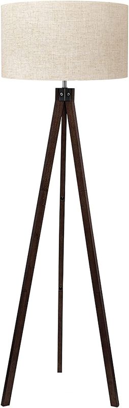 Photo 1 of LEPOWER Wood Tripod Floor Lamp, Mid Century Standing Reading Light for Living Room, Bedroom, Study Room and Office, Modern Design, Flaxen Lamp Shade with E26 Lamp Base (Walnut)
