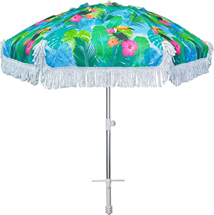 Photo 1 of AMMSUN 6.5 Foot Heavy Duty HIGH Wind Beach Umbrella with sand anchor & Tilt Sun Shelter fringe , UV 50+ Sun Protection Outdoor Sunshade Umbrella with Carry Bag for Patio Garden Beach Pool Backyard Sports Multicolor green
