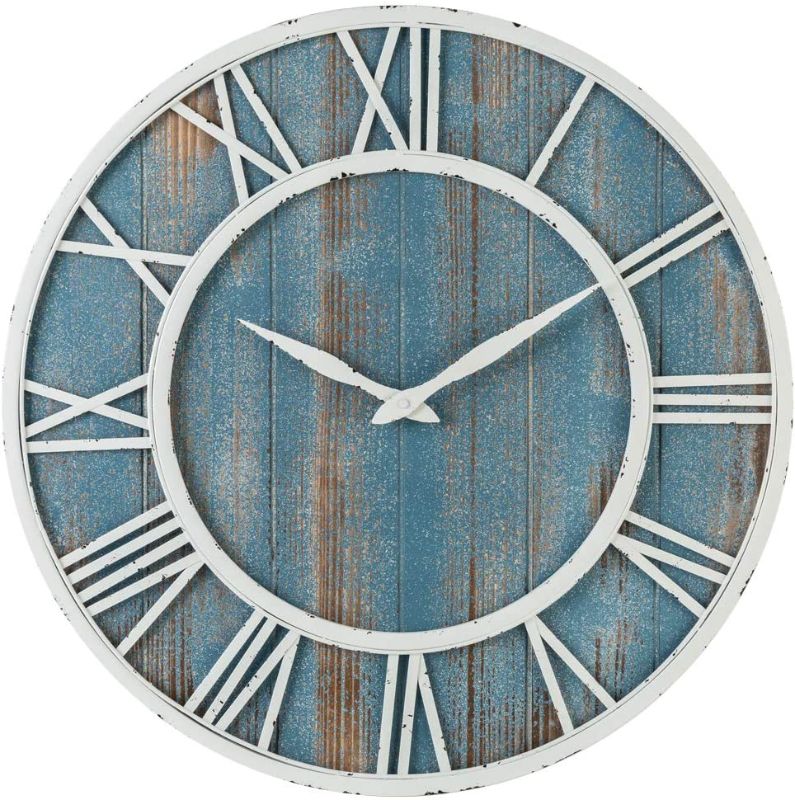 Photo 1 of 24" Coastal Wall Clock - Metal & Solid Wood Noiseless Weathered Beach Blue Wall Clock (Coastal Blue, 24-inch)  *** BATTERIES NOT INCLUDED ***
