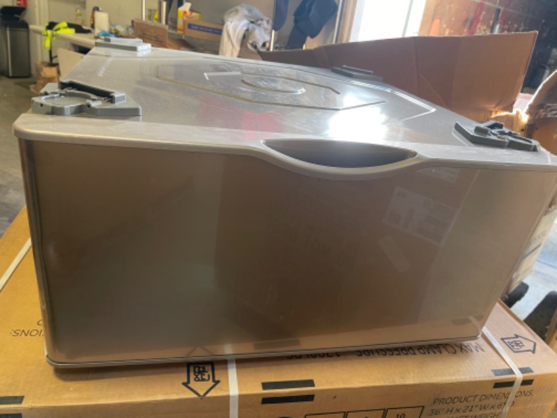 Photo 1 of SAMSUNG 27-Inch Washer Dryer Pedestal Stand w/ Pull Out Laundry Storage Drawer, Stainless Steel, WE402NC/A3, Champagne, MINOR DENTS, NO PACKAGING OR ACCESSORIES. 