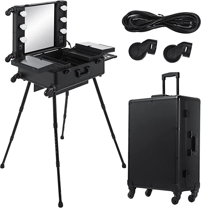 Photo 1 of  Rolling Makeup Case 28"x21"x54" with LED Light Mirror Adjustable Legs Lockable Train Table Studio Artist Cosmetic