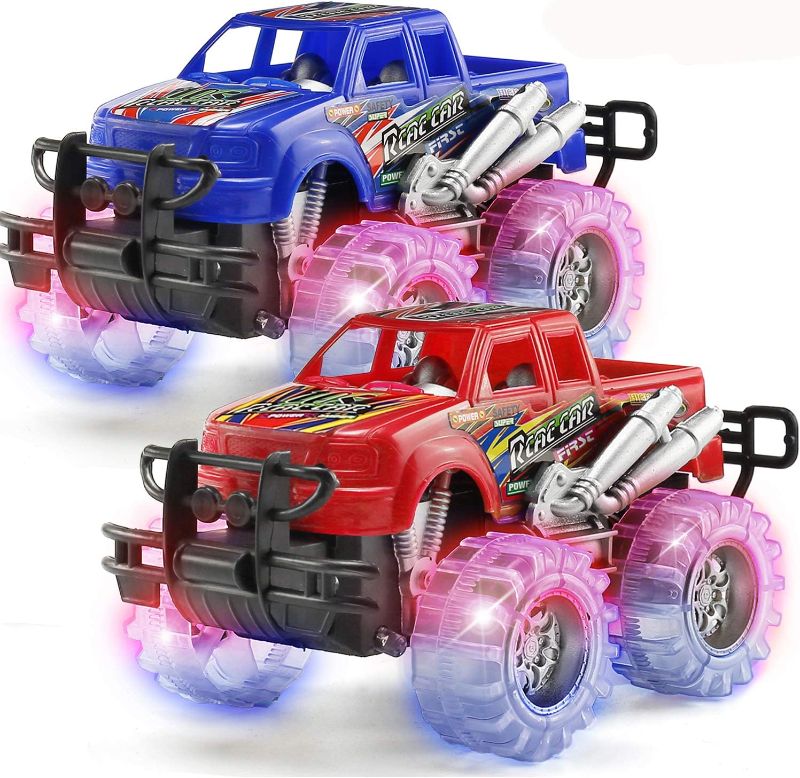 Photo 1 of 2 Pack Light Up Monster Truck Car Toy with Beautiful Flashing LED Tires, Best Birthday Gift for Boy Girl Ages 3+, Push n Go Cars, Friction Toy, Race Truck Car for Kid Party Favors and Daily Play
