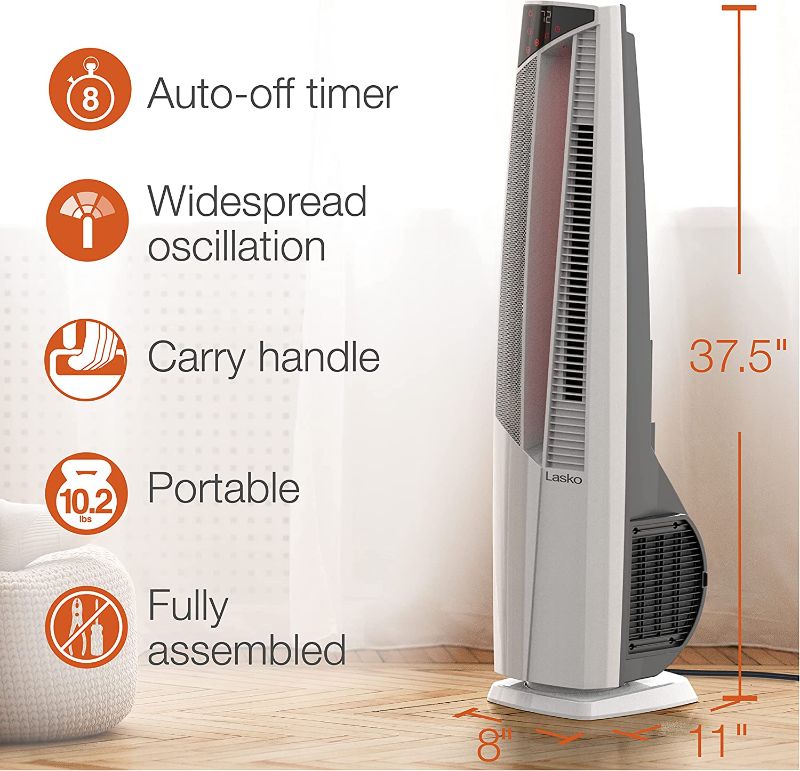 Photo 2 of Lasko Oscillating Hybrid Fan and Space Heater for Home, All Season High Velocity Hybrid with Tip-Over Switch, Remote Control, Timer and Thermostat, 37.5 Inches, White, 1500W, FHV820
