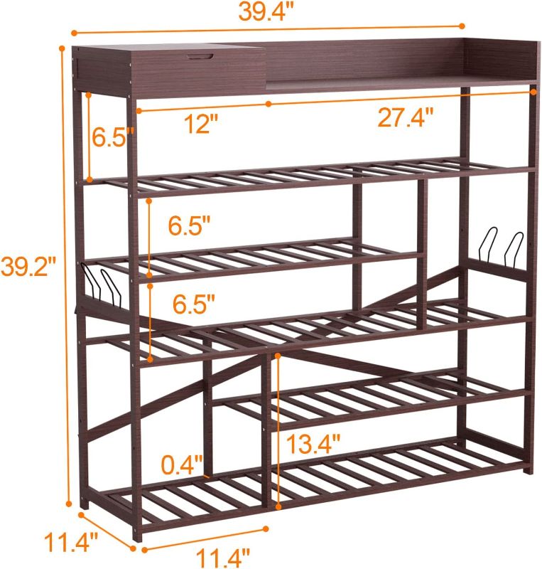 Photo 2 of Bonzy Home Shoe Rack Storage Organizer for Entryway, 6-Tier Bamboo Solid Wood Shoe Shelf with Storage Shelf and Removable Hooks, Free Standing Storage Box Shoe Cabinet for Closet, Brown
