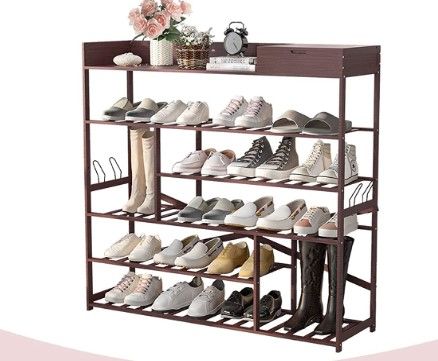 Photo 1 of Bonzy Home Shoe Rack Storage Organizer for Entryway, 6-Tier Bamboo Solid Wood Shoe Shelf with Storage Shelf and Removable Hooks, Free Standing Storage Box Shoe Cabinet for Closet, Brown
