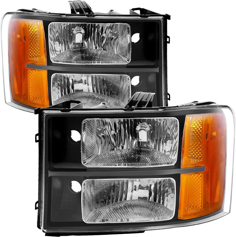 Photo 1 of  Headlight Assembly Compatible with 2007 2008 2009 2010 2011 2012 2013 GMC Sierra 1500/ 2007-2014 Sierra 2500HD 3500HD Headlamp Replacement Driver& Passenger Side Black Housing Amber Reflector
