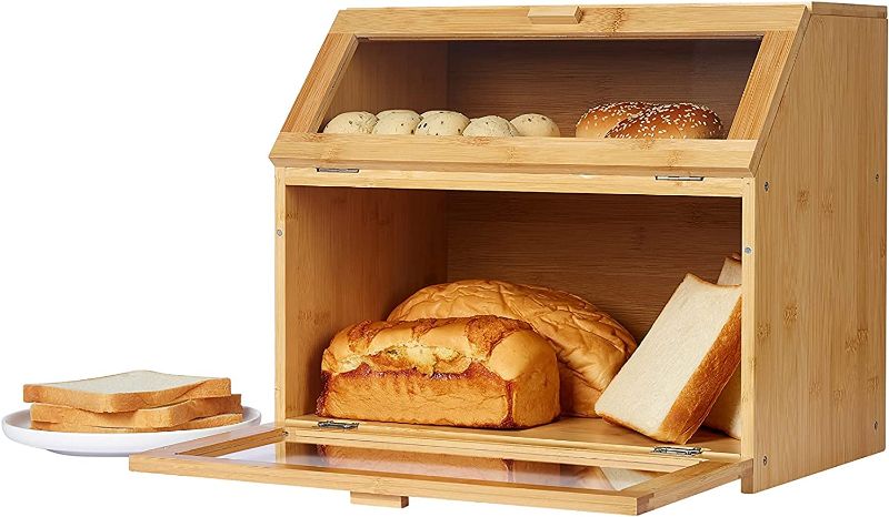 Photo 1 of Afoxsos Double Compartment Bread Box - Large Bamboo Bread Box For Kitchen Countertop With 2 Clear Window Large Capacity Bread Storage Container Double Layers Bread Storage Holder
