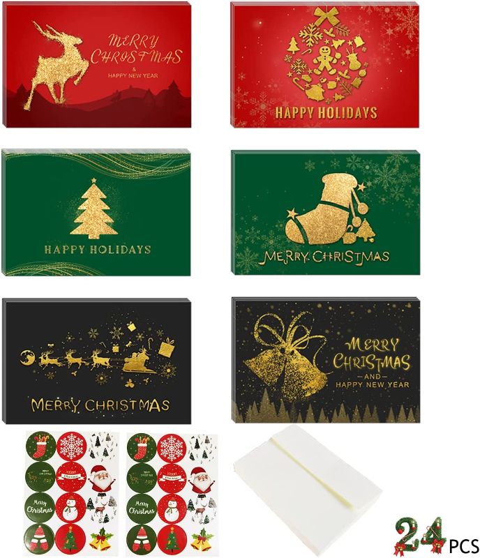 Photo 1 of 24pcs Christmas Cards, 6 Assorted Designs Holiday Cards with Christmas Stickers, New Years Christmas Cards with Envelopes, Friendship Cards for Holiday, 4''×6''
