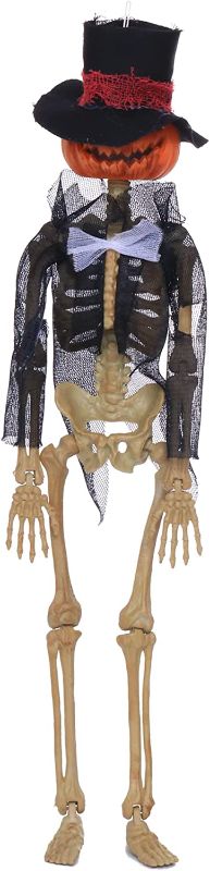 Photo 1 of 16" Full Body Halloween Pumpkin Skeleton Ornament,Skeleton Pendant with Posable Joints for Haunted House Props Decorations Garden Party Festival Events, Halloween Decorations 1PC
