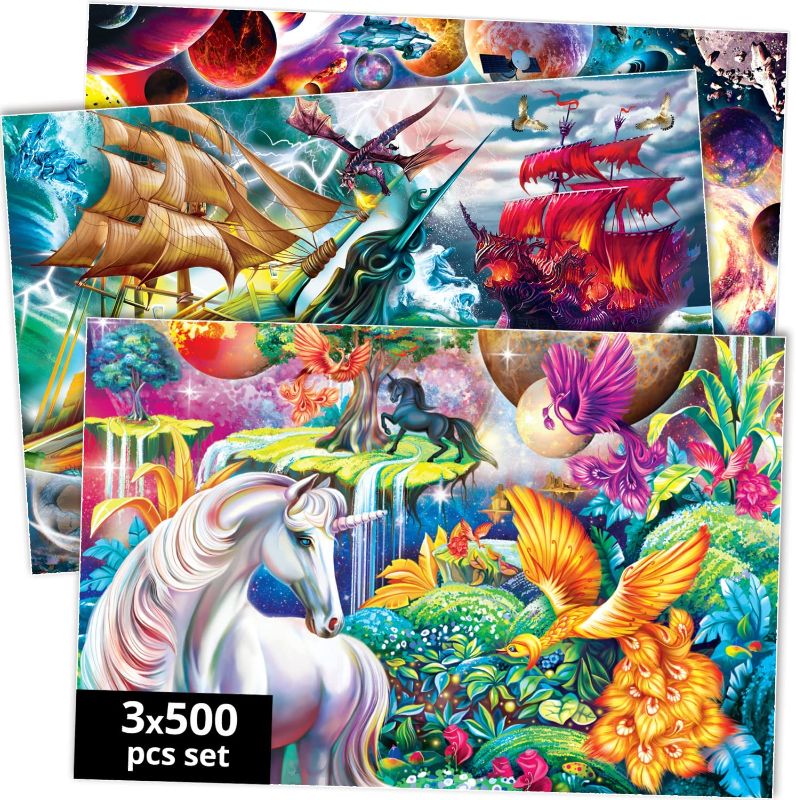 Photo 1 of 500 Piece Jigsaw Puzzles for Adults - Set of 3 Puzzles for Men and Women by Quokka - Unique Game with Space Ship Unicorns for Kids Ages 8-10-12 and Up - Colorful Family Puzzle with Solar System
(factory sealed)
