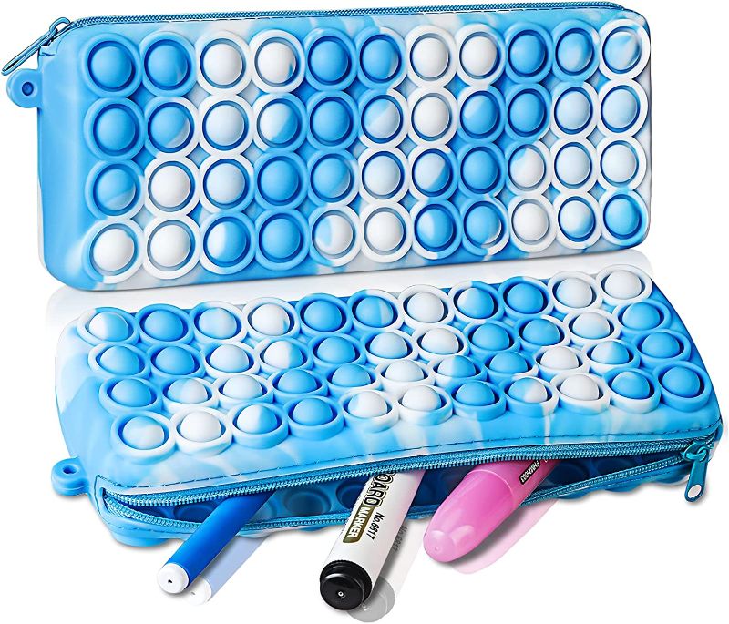 Photo 1 of ATESSON Pop Bubble Pencil case, Pencil Pen Case Sensory Silicone Toy, Stationery Storage Bag Decompression Toy for Kids, Office Stationery Organizer, Anti-Anxiety Toy for Kids and Adult (Blue + white)
