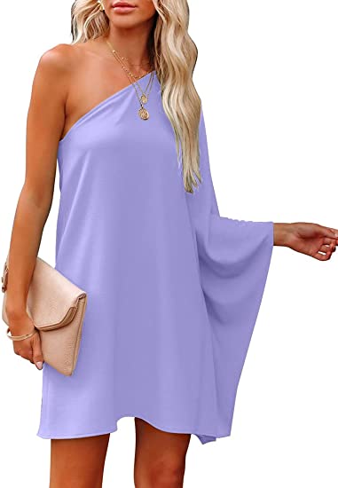 Photo 1 of ZileZile Women's Sexy One Shoulder Batwing Loose Casual Solid Color Cocktail Club Party Mini Dress
size s 