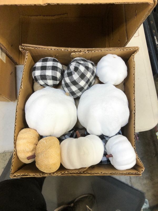 Photo 3 of 16 Pcs Artificial Pumpkins Assorted Fall Pumpkins White Pumpkins Burlap Pumpkins Rustic Pumpkins for Fall Harvest Thanksgiving Halloween Fireplace Decorations
