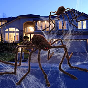 Photo 1 of 2 Pcs Halloween Giant Spider Decorations, 4.1 ft 2.9 ft Soft Hairy Scary Spider Halloween Decor Creepy Large Realistic Spider Brown Animated Halloween Spider for Indoor Outdoor Yard Party Garden