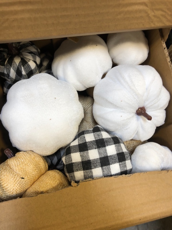 Photo 1 of 16 Pcs Artificial Pumpkins Assorted Fall Pumpkins White Pumpkins Burlap Pumpkins Rustic Pumpkins for Fall Harvest Thanksgiving Halloween Fireplace Decorations