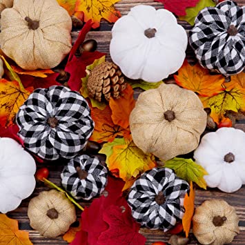 Photo 1 of 16 Pcs Artificial Pumpkins Assorted Fall Pumpkins White Pumpkins Burlap Pumpkins Rustic Pumpkins for Fall Harvest Thanksgiving Halloween Fireplace Decorations