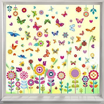 Photo 1 of 109 Pieces Spring Window Clings Flower Butterfly Window Stickers Anti-Collision Window Clings Decals Spring Static Clings for Window Decoration Summer Party Baby Shower Birthday Supplies