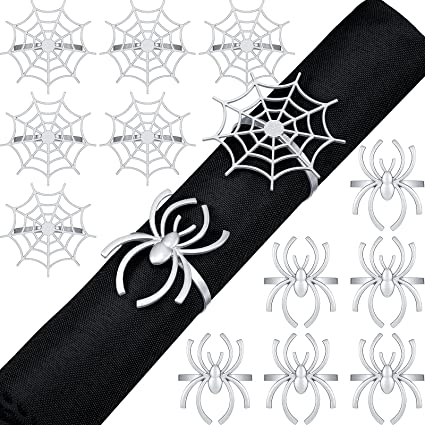 Photo 1 of 12 Pieces Spider Napkin Rings Halloween Napkin Rings Spider Web Napkin Rings Set Metal Spooky Napkin Holder Serviette Buckle Party Supplies for Halloween Dinning Costume (Silver, Without Rhinestone)