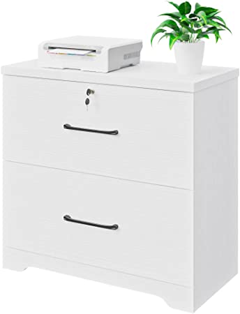 Photo 1 of 2 Drawer Wood Lateral File Cabinet with Lock, Home Office Storage Filing Cabinet with Anti-Tilt Mechanism with 8 Hanging Bars for Letter/Legal Size Heightened Drawer Side (White)
