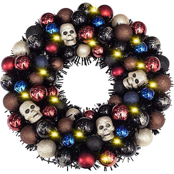 Photo 1 of 16 Inch Halloween Ball Wreath with Lights Skull Ornament Garland Decoration for Festival Celebration Door Window Wall Home Theme Party Events Gifts
