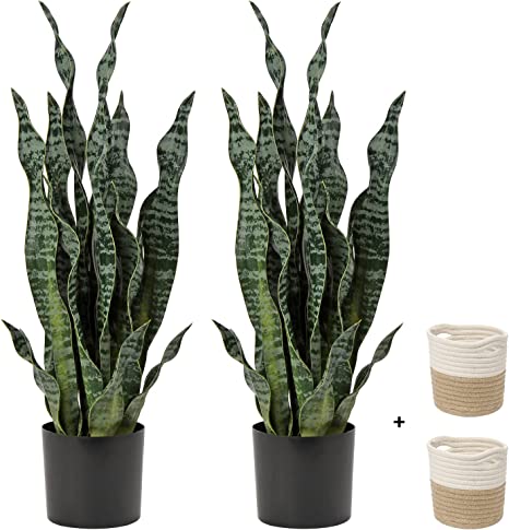 Photo 1 of 2 Set Large Fake Snake Plant Black Coral 25 Inch Sansevieria Plant Artificial Snake Plants in Pots with Woven Basket Faux Mother in Law Tongue Plant - Indoor Outdoor Decor Housewarming Gift…
