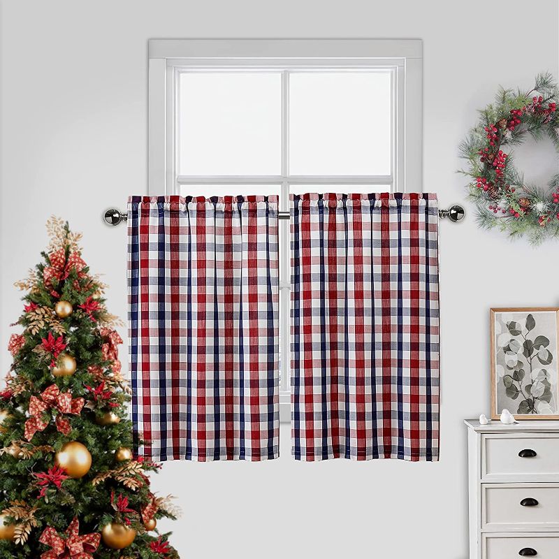 Photo 1 of Amzdecor Linen Buffalo Check Tier Curtains for Kitchen, Patriotic Buffalo Plaid Gingham Rod Pocket Cafe Bathroom Curtain, Short Kitchen Window Curtain Sets, 28" W x 24" L,Navy/Red, Set of 2
