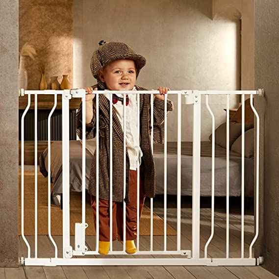 Photo 1 of Ciays 29.5” to 45.3” Baby Gate for Stairs Doorways and House, 30” Height Extra Wide Auto-Close Safety Dog Gate for Pets with Secure Alarm, Pressure Mounted, White
