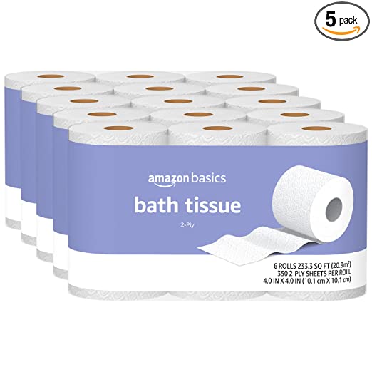 Photo 1 of Amazon Basics 2-Ply Toilet Paper 5 Packs, 6 Rolls per pack (30 Rolls total) (Previously Solimo)
