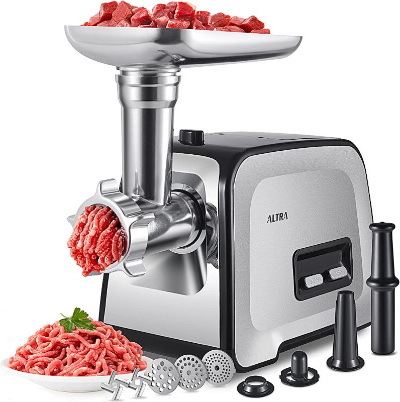 Photo 1 of ALTRA LIFE Meat Grinder, Sausage Stuffer, [2800W Max] Electric Meat Mincer with Stainless Steel Blades & 3 Grinding Plates,Sausage Maker & Kubbe Kit for Home Kitchen & Commercial Using (MG090-S)-------barely used------missing some items and hardware 
