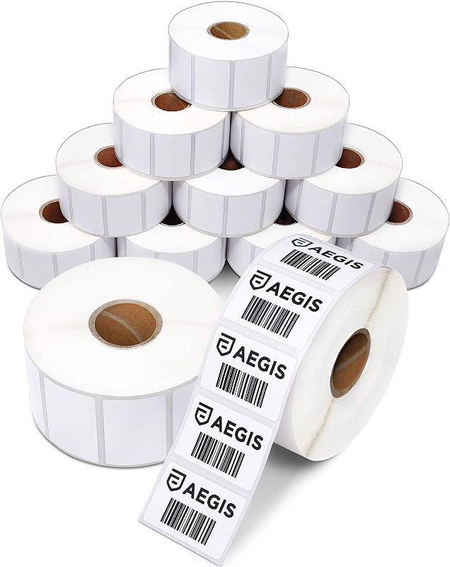 Photo 1 of Aegis Adhesives - 1 ½” X 1” Direct Thermal Labels, Perforated & Compatible with Rollo, Zebra, & Other Desktop Label Printers (12 Rolls, 1300/Roll)------some rolls have been used 
