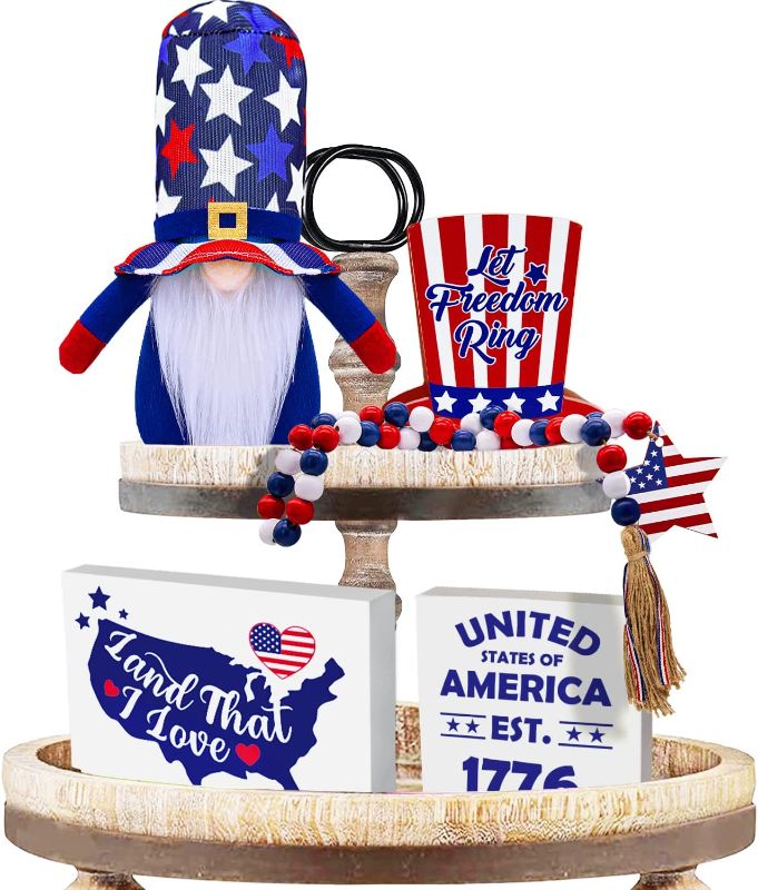 Photo 1 of 4th of July Decorations Tiered Tray Decor - Patriotic Gnome Plush - 3 Independence Day Wooden Signs - Wooden Garland with star for Home Table Memorial Day 4th of July Decorations (Tray Not Included) -- 3 PACK 
