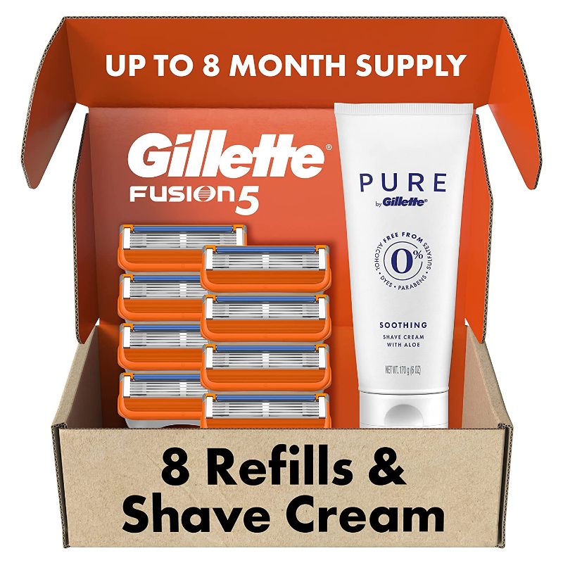 Photo 1 of Gillette Fusion5 Mens Razors 8 Razor Blade Refills Plus Gillette PURE Mens Soothing Shaving Cream with Aloe, 6 oz -- razors in factory sealed box