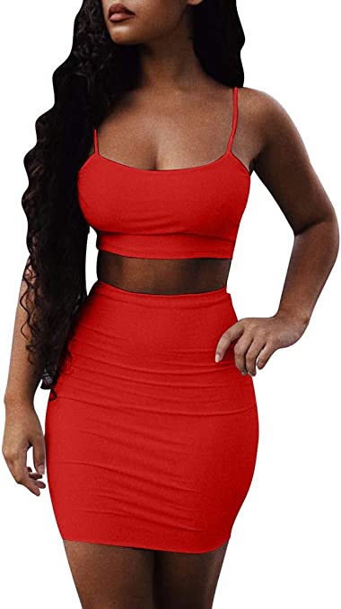 Photo 1 of  Women's 2 Piece Outfits Sexy Bodycon Spaghetti Strap Crop Top with Mini Skirt Set SIZE S
