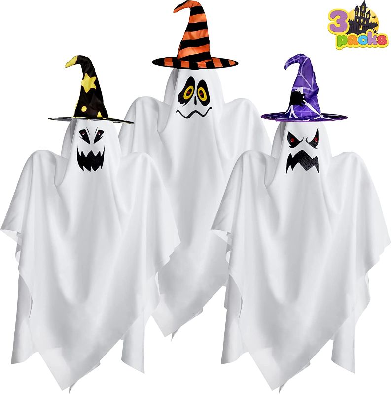 Photo 1 of 3 Pack 27.5" Halloween Hanging Ghosts Decoration with Witch Hat, Cute Flying Ghost with Hat for Front Yard Patio Lawn Garden Party Décor and Holiday Decorations
