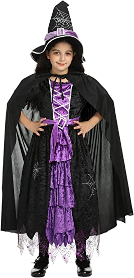 Photo 1 of Girls Witch Costume Magic Purple Witch Dress Halloween Gothic Dress Up 3-12Years SIZE S 3-4 YEARS OLD --
