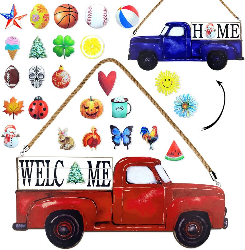 Photo 1 of  Red Truck Welcome Home Sign for Front Door Porch 2-Side Holiday Farmhouse Wooden Decor Wall Hanging with 25-PC Interchangeable Icons Fall Seasonal Halloween Christmas Rustic Decorations  -- FACTORY SEALED --
