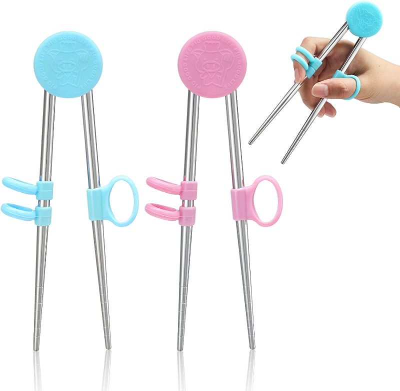 Photo 1 of 4 Pairs Training Chopsticks for Kids, Children Adult Learning Chopsticks Helper Stainless Steel Reusable Metal Chopsticks (Blue, Pink) -- 2 OF EACH COLOR --
