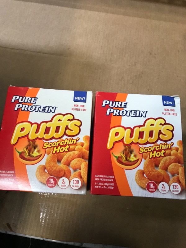 Photo 2 of  Pure Protein Puffs Scorchin Hot Protein Snack 4 Count  -- 2 BOXES  , BB 12/07/2022 --