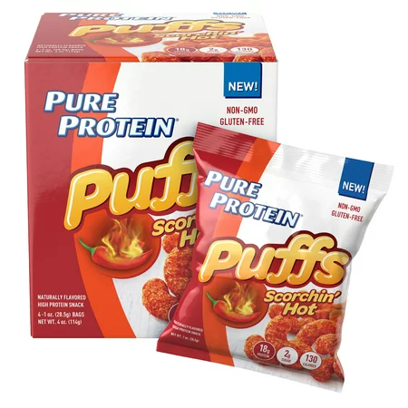 Photo 1 of  Pure Protein Puffs Scorchin Hot Protein Snack 4 Count  -- 2 BOXES  , BB 12/07/2022 --