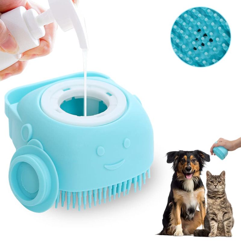 Photo 1 of  Cat Dog Bath Brush Comb Pet Bath Brush Silicone Puppy Massage Brush Silicone Rubber Dog Grooming Brush Hair Fur Grooming Cleaning Brush Soft Shampoo Dispenser (Bule)
