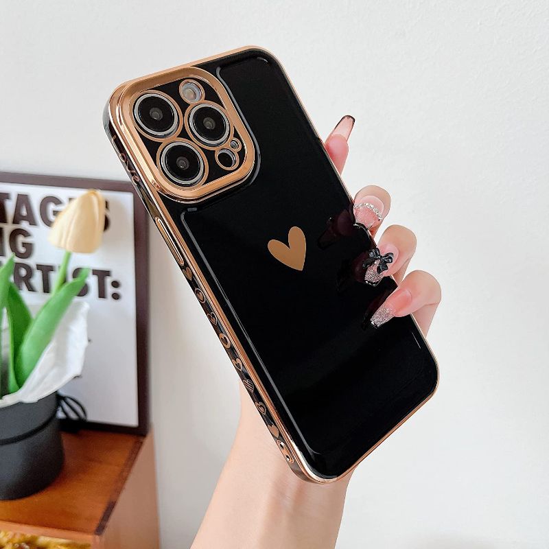 Photo 1 of  iPhone 14 Pro Max Case Cute Girly Sweet Heart Flower Pattern Soft Silicone Camera Protective Phone Case for iPhone 14 Pro Max (Black)
