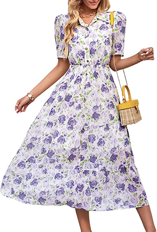 Photo 1 of  Women Long Dresses Floral Chiffon Casual Elastic Waist 2022 Fall Autumn Dresses  SIZE M
