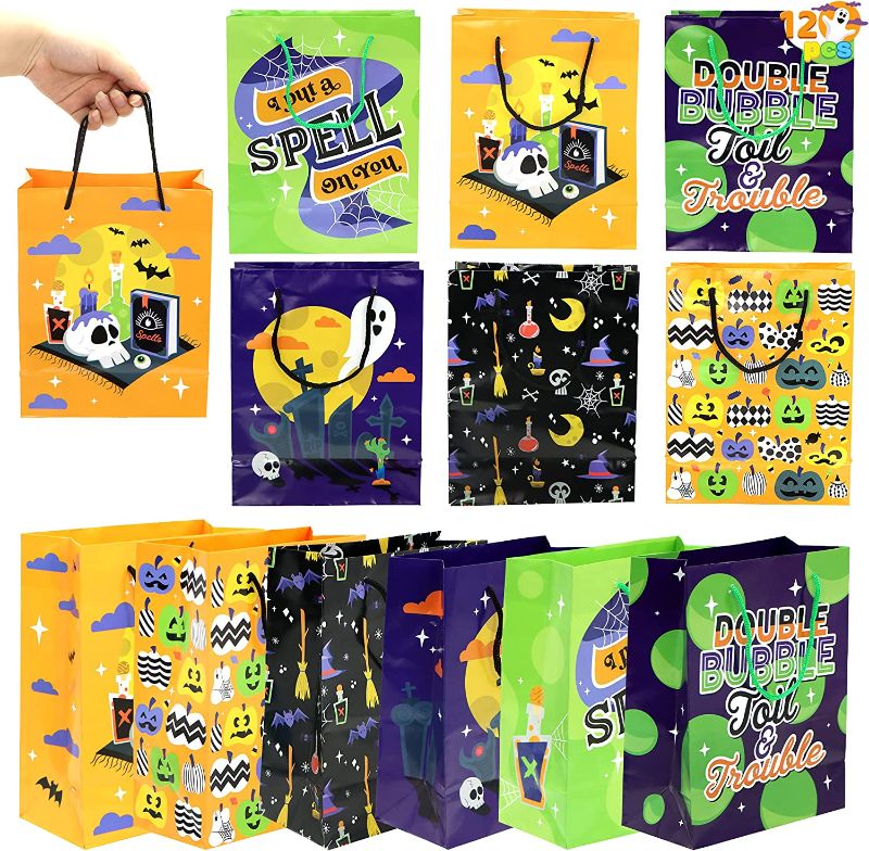 Photo 1 of 12 Pcs Halloween Paper Tote Bags with Handle, Halloween Trick or Treat Paper Candy Bags for Party Favors, Halloween Goodie Bags for Party Supplies
