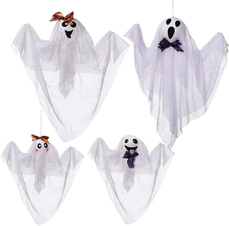 Photo 1 of  4 Pack Halloween Hanging Ghost Family Decoration, 18.5” Parents Hanging Ghosts, 13’’ Cute Flying Ghost for Halloween Party Front Yard Patio Lawn Garden Party Holiday Decorations
