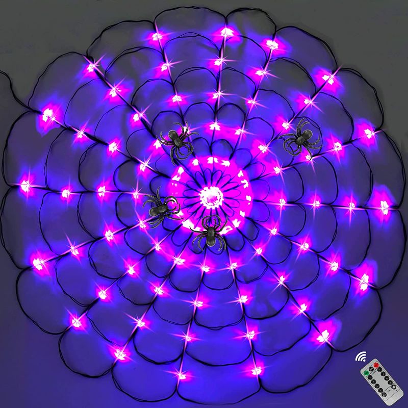 Photo 1 of  Halloween Spider Web Lights 3.94Ft Diameter 96 LED with Timer and Remote Control 8 Flashing Modes Waterproof LED Battery Operated for Halloween Decorations with Rope and Hooks(spider web light)  -- FACTORY SEALED --
