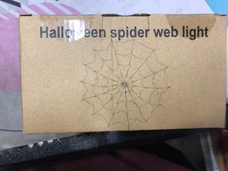 Photo 2 of  Halloween Spider Web Lights 3.94Ft Diameter 96 LED with Timer and Remote Control 8 Flashing Modes Waterproof LED Battery Operated for Halloween Decorations with Rope and Hooks(spider web light)  -- FACTORY SEALED --

